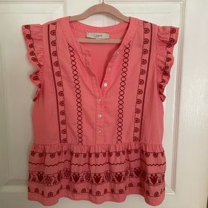 Loft Boho Floral Embroidered Henley Peplum Shell